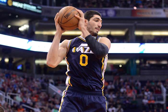 Utah Jazz center Enes Kanter (0) grabs a rebound against the Phoenix Suns at US Airways Center.